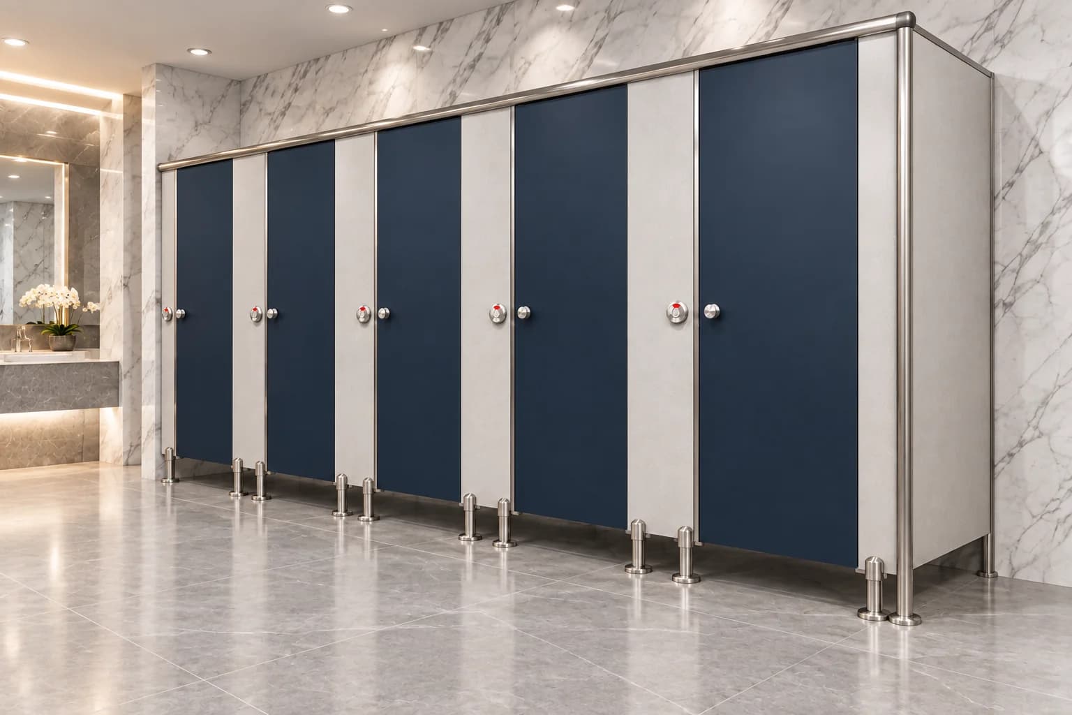 Supernova+ concept visual: dark blue cubicle doors with metallic supports and fittings